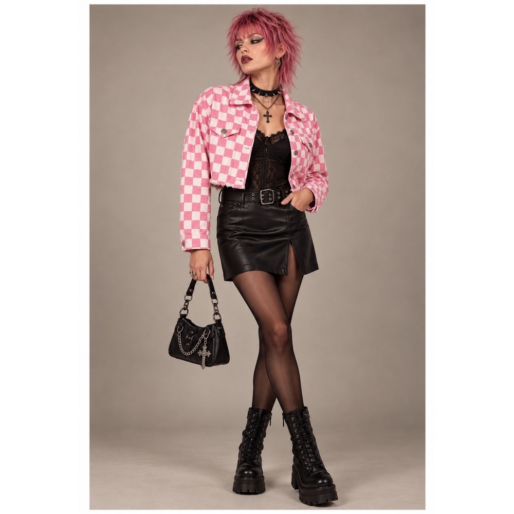 American Bazi Womens Small Pink Checkerboard Cropped Cotton Jacket Raw Hem